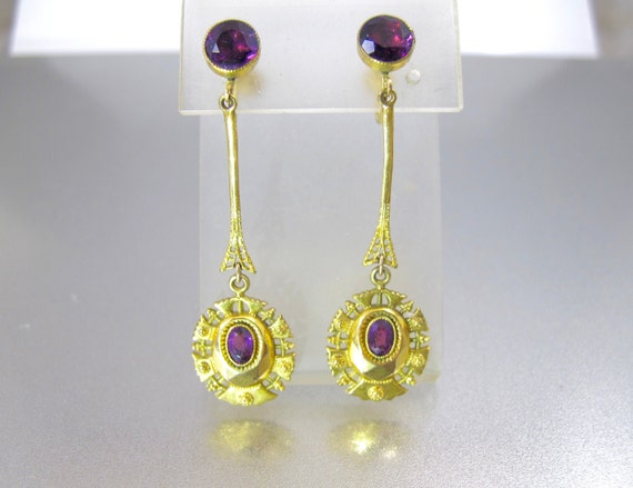 Antique Gold Purple Paste Earrings. Etruscan Bloom