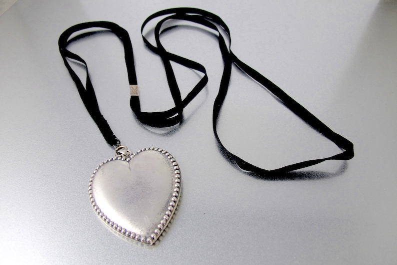 Victorian Sterling Heart Necklace Antique Black Ribbon Slide Sterling Beaded Heart Mourning Necklace.