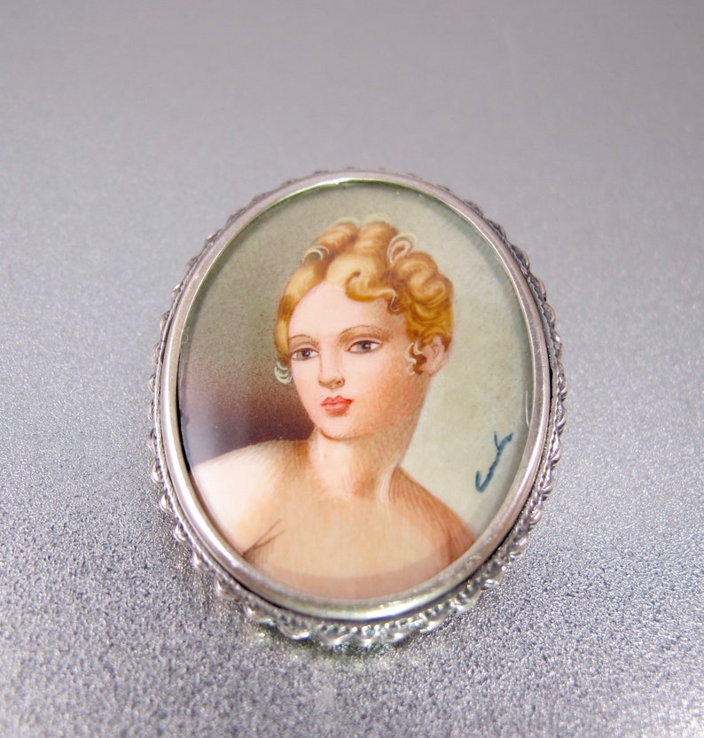 Antique Miniature Portrait Pendant Antique Oval 800 Silver Hand Painted Signed Portrait Brooch Pendant..