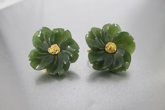 Carved Jade Gold Nugget Earrings. Green Nephrite … - image 1