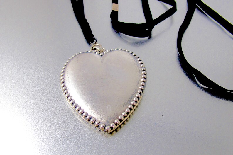 Victorian Sterling Heart Necklace Antique Black Ribbon Slide Sterling Beaded Heart Mourning Necklace.