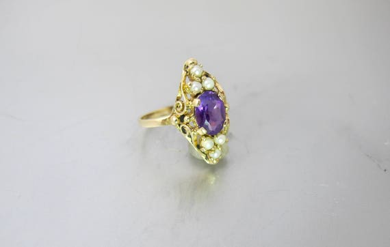 10K Amethyst Pearl Ring. Antique Yellow Gold Oval… - image 8