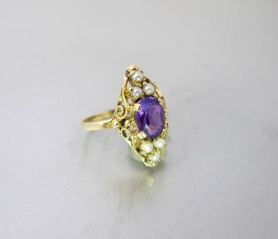 10K Amethyst Pearl Ring. Antique Yellow Gold Oval… - image 3