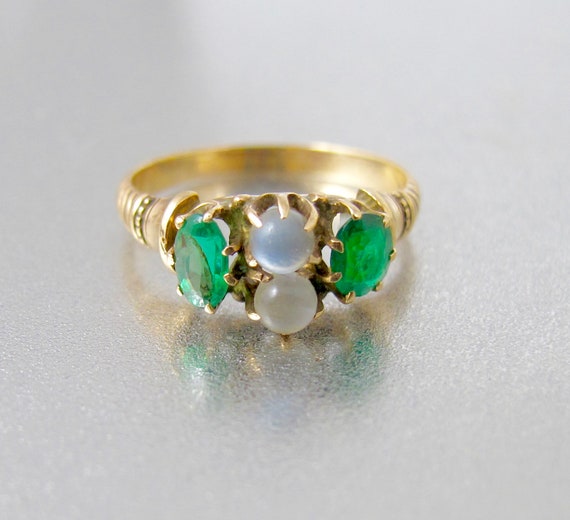 10K Moonstone Emerald Ring. Victorian Double Moons