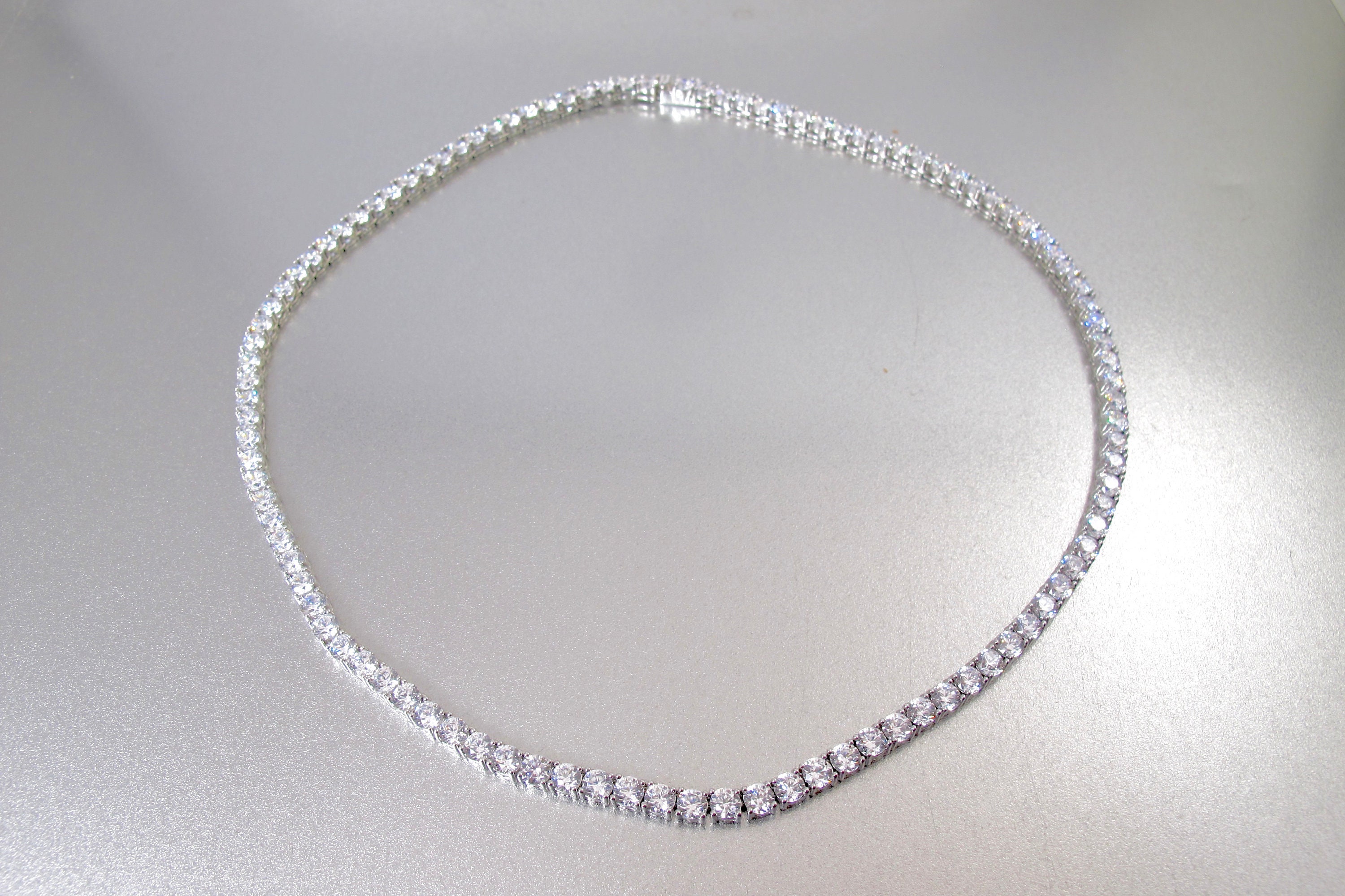 Diamond CZ Tennis Necklace. Sterling Silver Rhodium Plated Etsy