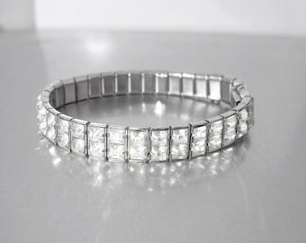 Art Deco Channel Set Rhinestone Bracelet. 1920's Silver Rhodium Double Row Clear Crystal Tennis Line Bracelet.