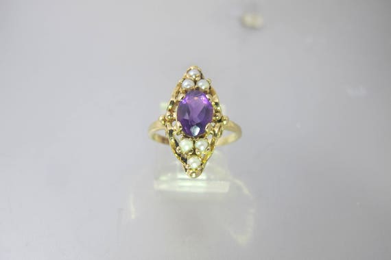 10K Amethyst Pearl Ring. Antique Yellow Gold Oval… - image 9