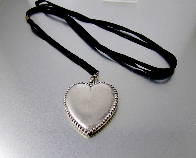 Victorian Sterling Heart Necklace Antique Black Ribbon Slide Sterling Beaded Heart Mourning Necklace.