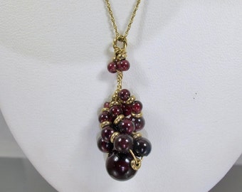 9K Yellow Gold Garnet Bead Pendant. Garnet Grape Cluster Gold Bead Pendant Gold Filled Chain Necklace.