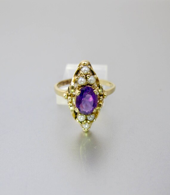 10K Amethyst Pearl Ring. Antique Yellow Gold Oval… - image 7