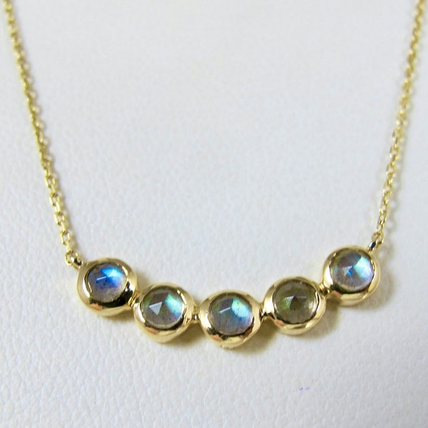 14K Gold Labradorite Necklace. Yellow Gold 5 Bezel Set Moonstone Labradorite Pendant Necklace.