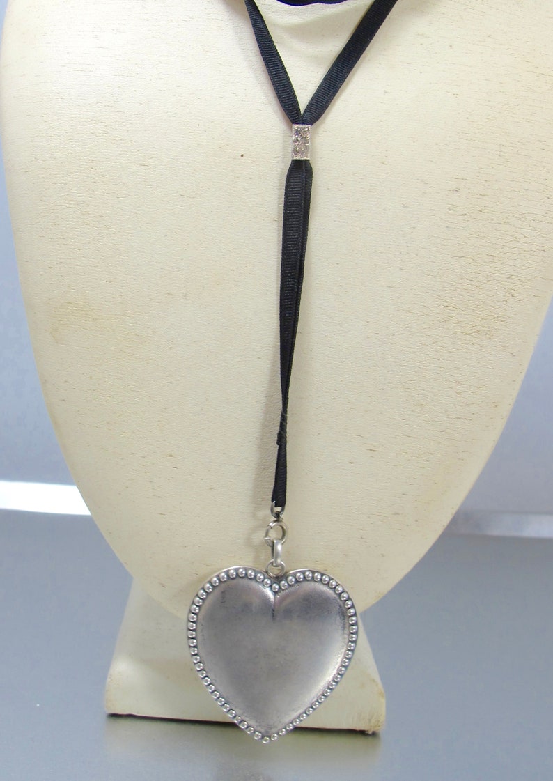 Victorian Sterling Heart Necklace Antique Black Ribbon Slide Sterling Beaded Heart Mourning Necklace.