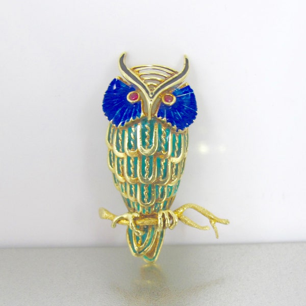 Martine 14K Enamel Brooch. Yellow Gold Plique A Jour Enamel Owl Brooch Pin Ruby Eyes.