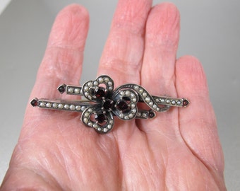 Victorian Bohemian Garnet Seed Pearl Sterling Clover Brooch