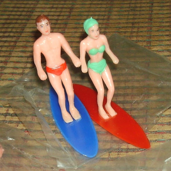 50's Beach Surfer Couple ~ Cake Topper Cupcake ~ Decor, Party Favor in Pkgs from Hong Kong ~ Hard Plastic 3.5" Figures