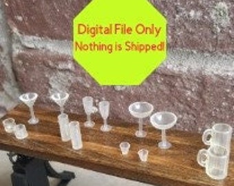 STL File ONLY  Dollhouse Miniature Bar Glasses, 3D Printer, Tavern, Saloon, Club, Liquor Bar, Pub, Shots,