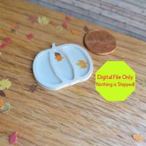 May include: White pumpkin-shaped resin mold with two leaf-shaped cavities. The mold is approximately the size of a US penny.