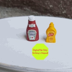 STL, OBJ, File ONLY Puppenhaus Miniatur 3D druckbare Gewürze, 1:12, Ketchup, Senf, Lebensmittel, Lebensmittel, Küche, Grill, Snack, Kühlschrank
