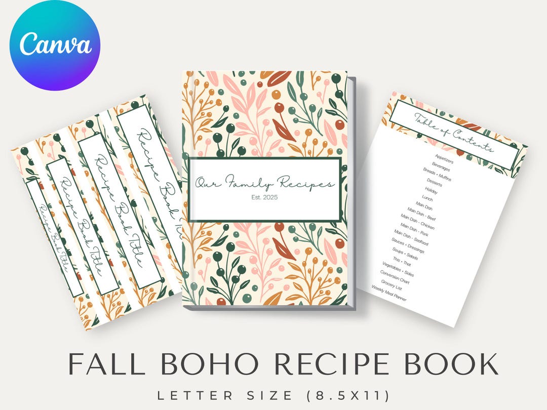 Fall Boho Recipe Binder Kit – Printable Cookbook Template (canva ...