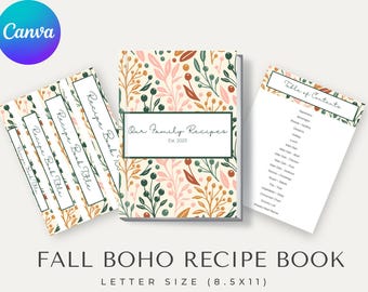 Kit de recetario bohemio de otoño: páginas imprimibles para libro de cocina, planificador de comidas y lista de la compra / Plantilla editable en Canva en tonos neutros / 21,5 x 28 cm