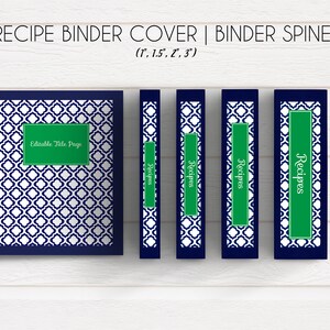 Kit de carpeta de recetas marroquí, Carpeta de recetas imprimible, Descarga instantánea, Editable, Azul marino, Verde, Página completa, Plantilla de recetas, Libro de cocina, 8.5x11