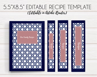 Kit de encuadernador de recetas marroquíes de media página, encuadernador de recetas imprimible, receta de 5,5x8,5, editable, azul marino, rosa polvoriento, rosa, plantilla de recetas, libro de cocina