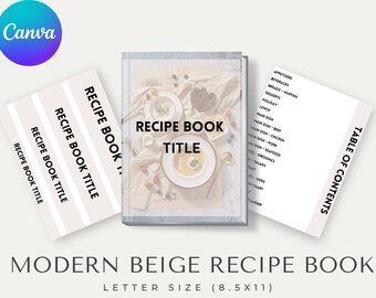 Kit de recetario beige moderno - Plantilla de recetario imprimible y editable / Tamaño carta de 8,5 x 11 pulgadas / Páginas de recetas Canva, planificador de comidas y lista de compras