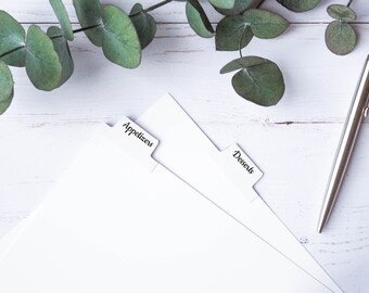 Pestañas divisorias plegables blancas, carpeta de recetas, archivo digital, pestañas de bricolaje, imprimible, editable, descarga instantánea, tamaño carta, 8.5x11