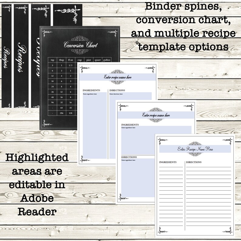 Chalkboard Recipe Binder Printable Kit Editable DIY Recipe | Etsy