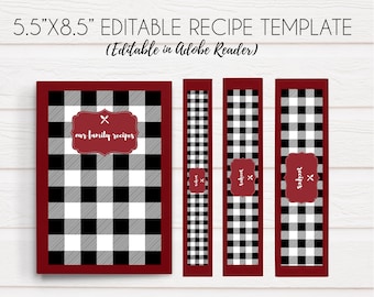 Media página, 5.5x8.5, Kit de encuadernador de recetas Buffalo Check, Encuadernador de recetas imprimible, Editable, Kit de recetas digitales, Plantilla de recetas, Blanco y negro