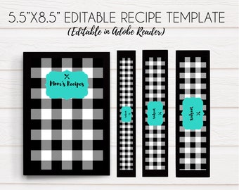 Media página, 5.5x8.5, Kit de encuadernador de recetas Buffalo Check, Encuadernador de recetas imprimible, Editable, Kit de recetas digitales, Plantilla de recetas, Verde azulado, Negro