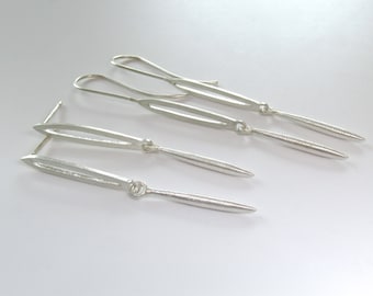Handmade sterling silver "wild rice" drop earrings with posts or ear wires. Long dangle earrings. Slim long earrings - Ready To Ship!
