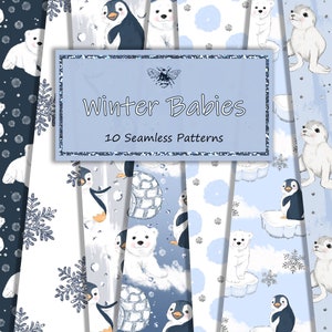 Winter Babies Digital Papers, Winter Patterns, Seamless Patterns, Digital Background, Snowflakes Pattern