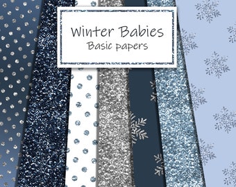 Papiers de base pour bébés d’hiver, fond d’hiver, paillettes d’hiver, papiers à paillettes, bleu, argent, motifs sans couture, fond numérique