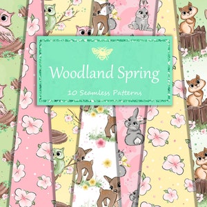 Woodland Spring Digital Papers, Wzory wiosenne, Wzory wielkanocne, Wzory bezszwowe, Tło cyfrowe, zwierzęta leśne
