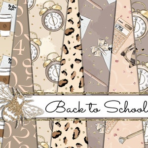 May include: A digital collage of patterned papers featuring a bee, alarm clocks, a calculator, a pen, and the text "Back to School". The patterns include leopard print, numbers, and floral designs.