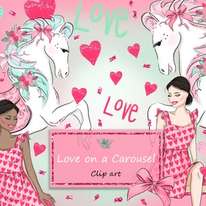 Amor em um carrossel, dia dos namorados, amor, corações, cavalos, clip art, adesivos de planejador, artesanato em papel, convites, gráficos impressos sob demanda