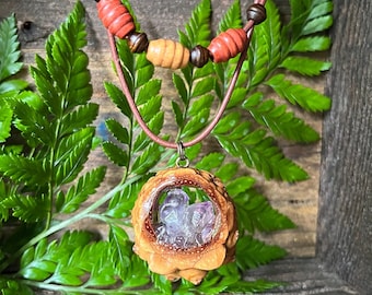 Amethyst Crystal Pinecone Pendant – Raw Amethyst Cluster, Leather Cord