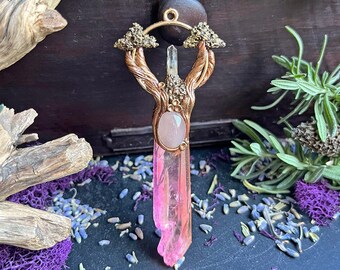 Pink Angel Aura Quartz Crystal Pendant - Pink Aura Aura Crystal Point - Rose Quartz Cabochon Stone - Quartz Crystal Pendant Trees of Life