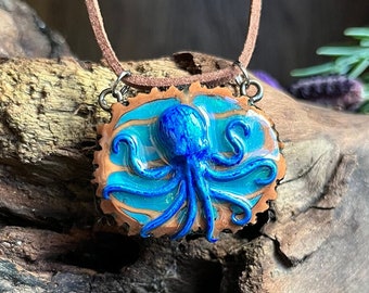 Glow in the Dark Octopus Pendant – Blue Hues, Black Walnut Necklace