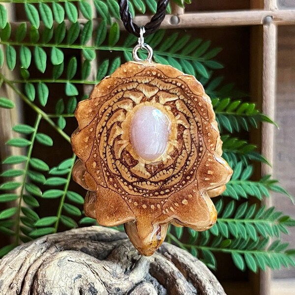 Pink Rose Quartz Wood Pinecone Pendant - Natural Tumbled Rose Quartz - Knobcone Pinecone Wood Pendant Pink Rose Quartz - Knobcone Pinecone