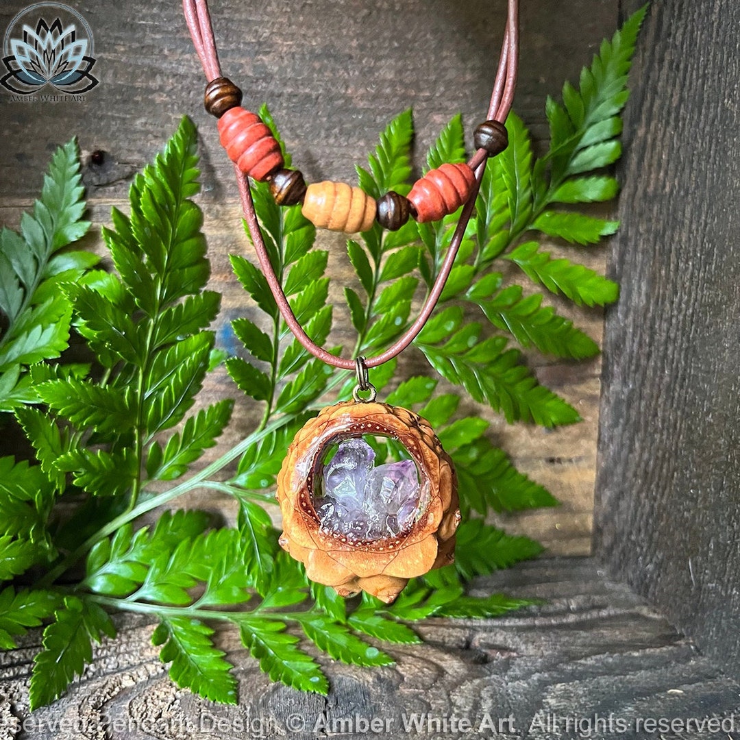 Amethyst Crystal Pinecone Pendant – Raw Amethyst Cluster, Leather Cord ...