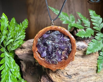 Large Amethyst Crystal Pinecone Pendant – Natural Wood, Handmade