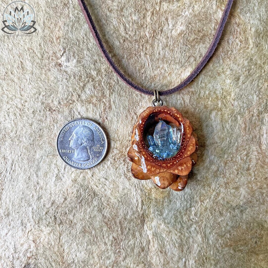 Crystal Pinecone Pendant, Aqua Aura Quartz, Aquamarine, Knobcone Wood ...