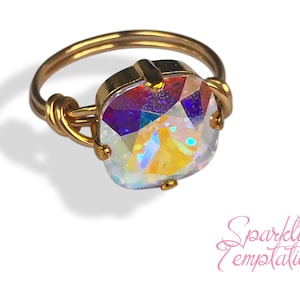 Wire Wrapped Crystal Ring, 12mm Cushion Cut, Pick Your Color, 14k Gold Filled, Ultra Colors