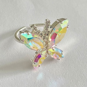 Crystal Aurora Borealis Butterfly Statement Silver Ring