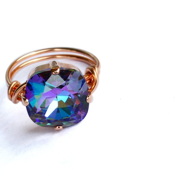 Rose Gold, Pick Your Color ~ Crystal Ring, 12mm Cushion Cut, Wire Wrapped Ring, 14kt Rose Gold Filled, Ultra Colors