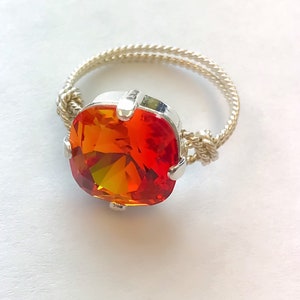 Twisted Wire Wrapped Crystal Ring, 12mm Cushion Cut, Wire Wrapped Ring, Sterling Silver, Ultra Colors, Pick Your Color