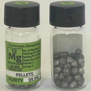 Magnesium Metal Pellets 99.9% Purity 5 Grams in our Periodic Element Glass Bottle with our unique element labels