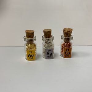 3 x Miniature Bottles Of Pure Gold Au, Pure Silver Ag and Pure Copper Cu Periodic Table elements